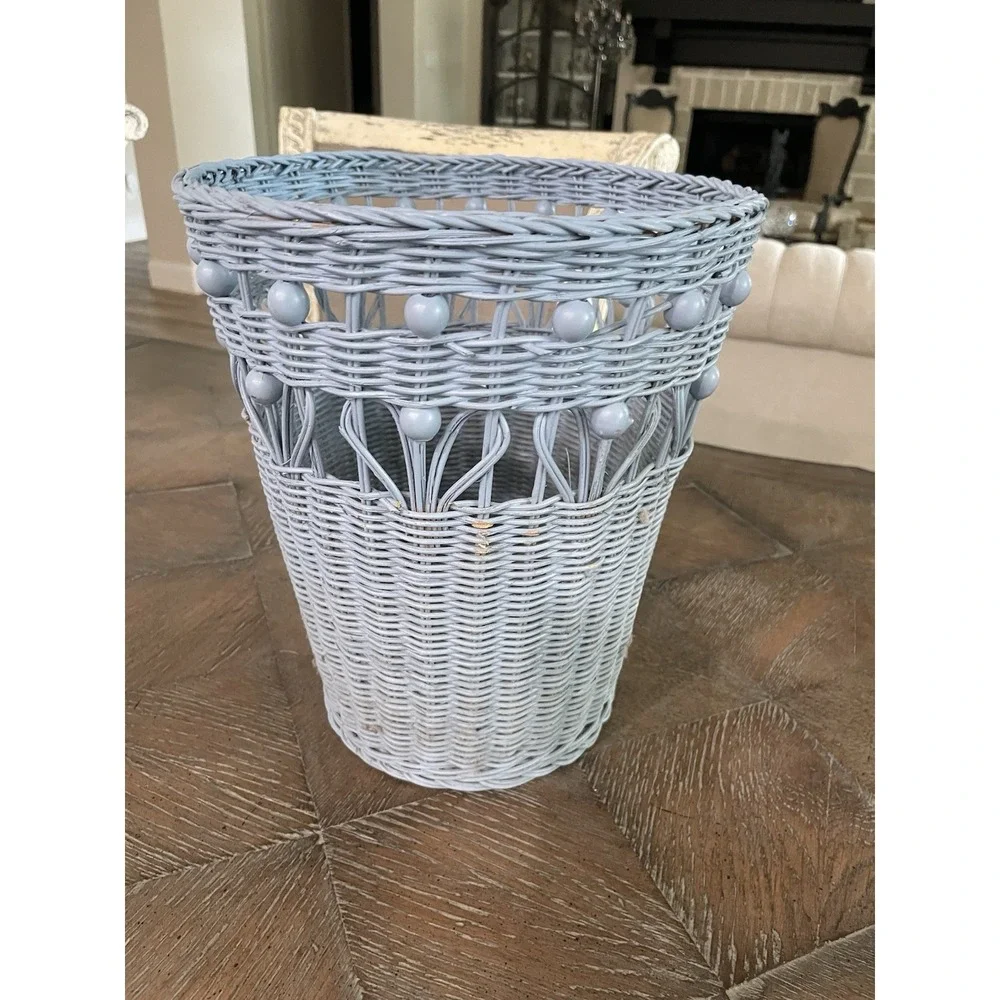 Vintage  Blue Bead Wicker Rattan Woven Waste Basket Trash Can Bin